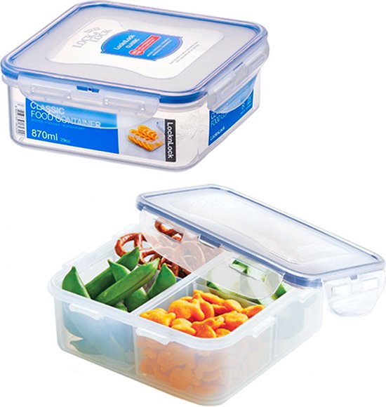 Lock&Lock Snackdoosjes - Bento Box - Snackbox - Met Compartimenten | Vakjes - Vershoudbakjes set met deksel - Diepvriesbakjes - Diepvriesdozen - Volwassenen en Kinderen - Luchtdicht - Lekvrij - BPA vrij - Transparant - 870 ml - Set 2 Stuks