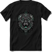 Leeuw - Dieren Mandala T-Shirt | Aqua | Grappig Verjaardag Zentangle Dierenkop Cadeau Shirt | Dames - Heren - Unisex | Wildlife Tshirt Kleding Kado | - Zwart - XXL