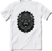 Leeuw - Dieren Mandala T-Shirt | Aqua | Grappig Verjaardag Zentangle Dierenkop Cadeau Shirt | Dames - Heren - Unisex | Wildlife Tshirt Kleding Kado | - Wit - M