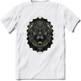 Leeuw - Dieren Mandala T-Shirt | Groen | Grappig Verjaardag Zentangle Dierenkop Cadeau Shirt | Dames - Heren - Unisex | Wildlife Tshirt Kleding Kado | - Wit - L