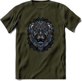 Leeuw - Dieren Mandala T-Shirt | Blauw | Grappig Verjaardag Zentangle Dierenkop Cadeau Shirt | Dames - Heren - Unisex | Wildlife Tshirt Kleding Kado | - Leger Groen - L