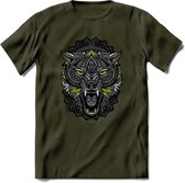 Wolf - Dieren Mandala T-Shirt | Groen | Grappig Verjaardag Zentangle Dierenkop Cadeau Shirt | Dames - Heren - Unisex | Wildlife Tshirt Kleding Kado | - Leger Groen - XXL