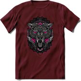 Wolf - Dieren Mandala T-Shirt | Roze | Grappig Verjaardag Zentangle Dierenkop Cadeau Shirt | Dames - Heren - Unisex | Wildlife Tshirt Kleding Kado | - Burgundy - M