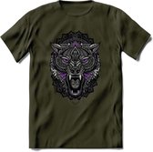 Wolf - Dieren Mandala T-Shirt | Paars | Grappig Verjaardag Zentangle Dierenkop Cadeau Shirt | Dames - Heren - Unisex | Wildlife Tshirt Kleding Kado | - Leger Groen - XL