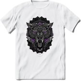 Wolf - Dieren Mandala T-Shirt | Paars | Grappig Verjaardag Zentangle Dierenkop Cadeau Shirt | Dames - Heren - Unisex | Wildlife Tshirt Kleding Kado | - Wit - S