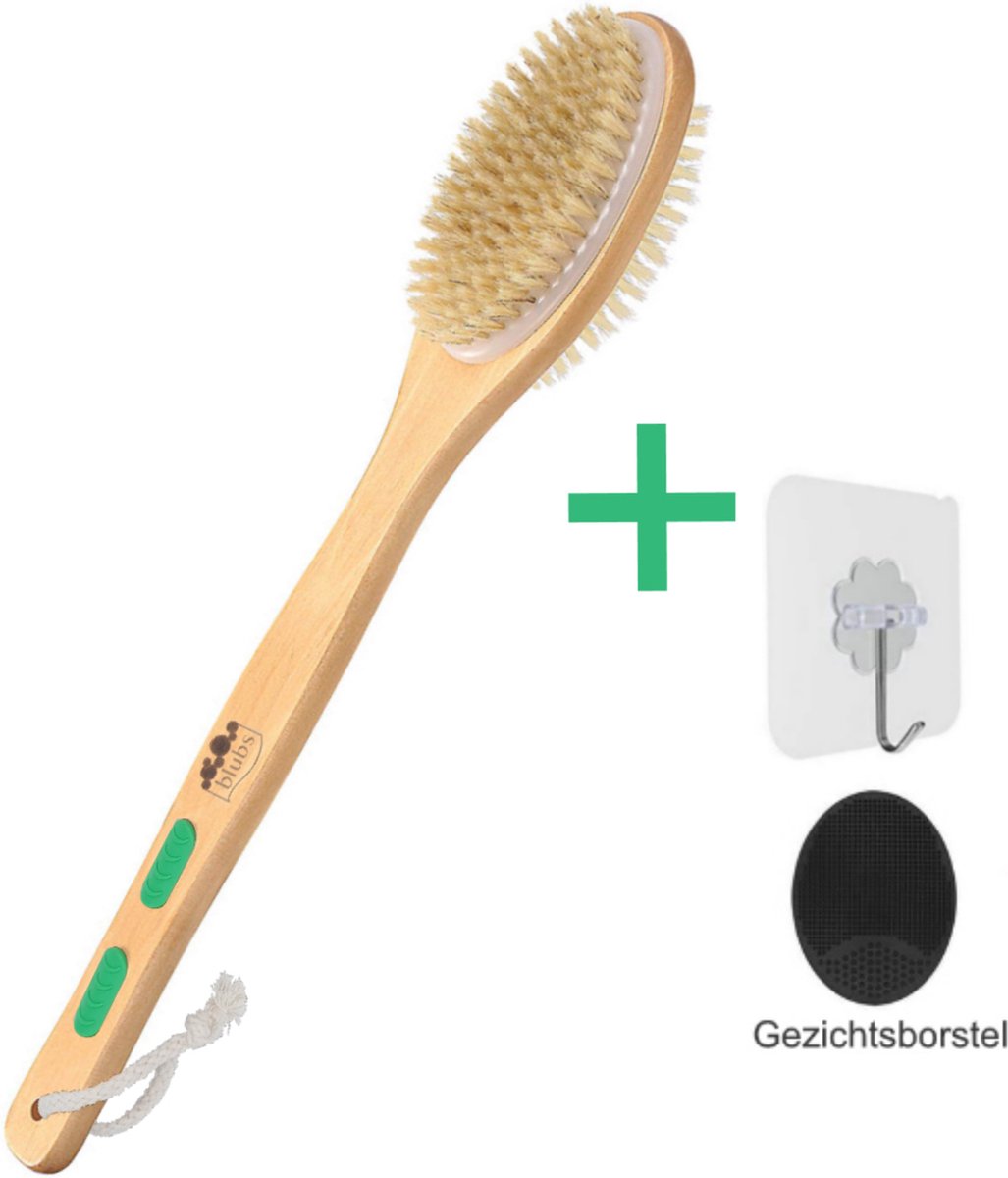 Blubs® – Houten Badborstel – Dry brush – Rug Scrubber – Lichaamsborstel – Rugborstel douche met steel – Huidborstel – Rugborstel hout – Houten Badborstel met steel – Doucheborstel met steel – Houten borstel – Droogborstel – Massage – Groen