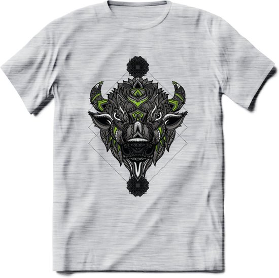 Bizon - Dieren Mandala T-Shirt | groen | Grappig Verjaardag Zentangle Dierenkop Cadeau Shirt | Dames - Heren - Unisex | Wildlife Tshirt Kleding Kado | - Licht Grijs - Gemaleerd - S