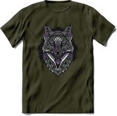 Vos - Dieren Mandala T-Shirt | Paars | Grappig Verjaardag Zentangle Dierenkop Cadeau Shirt | Dames - Heren - Unisex | Wildlife Tshirt Kleding Kado | - Leger Groen - XXL