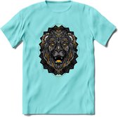 Leeuw - Dieren Mandala T-Shirt | Geel | Grappig Verjaardag Zentangle Dierenkop Cadeau Shirt | Dames - Heren - Unisex | Wildlife Tshirt Kleding Kado | - Licht Blauw - XXL