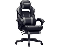 Gaming chair, bureaustoel met voetsteun, bureaustoel met hoofdsteun en lendenkussen, in hoogte verstelbaar, ergonomisch, 90-135° kantelhoek, tot 150 kg draagvermogen, zwart-grijs HMBG073B03