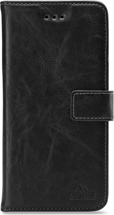 Coque de téléphone noire aspect cuir, fermeture à bouton-pression et logo 'MY STYLE'.