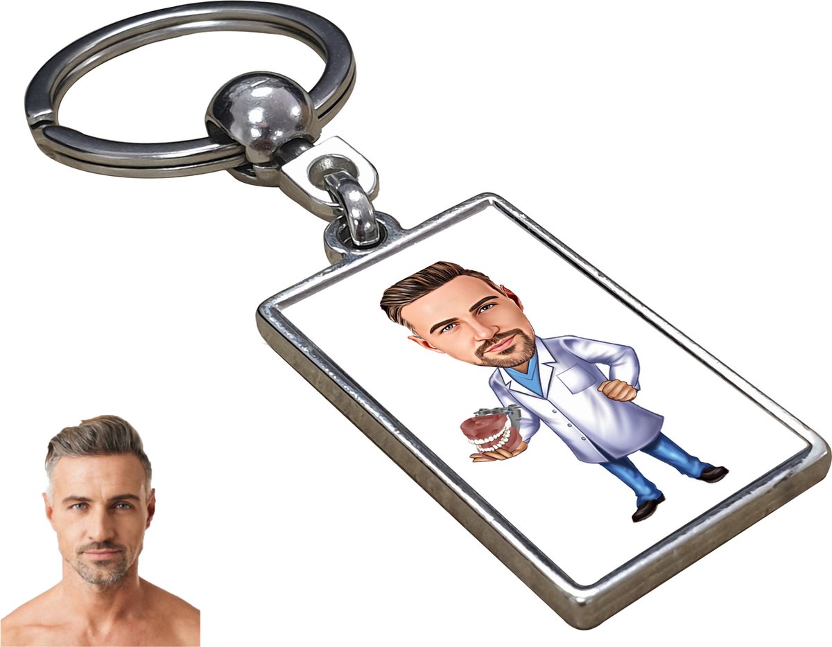Tandarts Karikatuur Man - Gepersonaliseerde Karikatuur Sleutelhanger met Jouw Foto - Cadeau - Verjaardag - Kerst - Kado - Valentijn - Vaderdag - Vaderdag cadeautje - Vaderdag cadeau voor papa - Gepersonaliseerd Cadeau