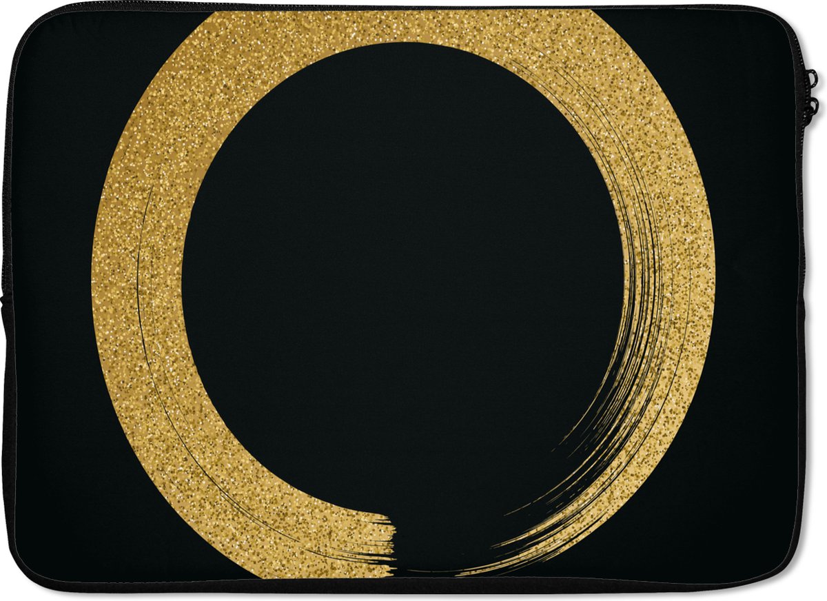 Laptophoes 14 inch - Cirkel van gouden glitter op een zwarte achtergrond - Laptop sleeve - Binnenmaat 33x23 cm - Zwarte achterkant