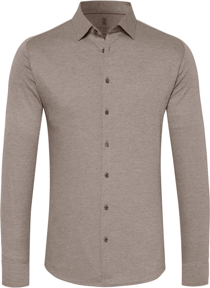 DESOTO slim fit overhemd - stretch pique tricot Kent kraag - beige - Strijkvrij - Boordmaat: 41/42