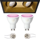 Pragmi Zano Pro - Inbouw Rechthoek Dubbel - Mat Zwart/Goud - Kantelbaar - 185x93mm - Philips Hue - LED Spot Set GU10 - White and Color Ambiance - Bluetooth - BES LED