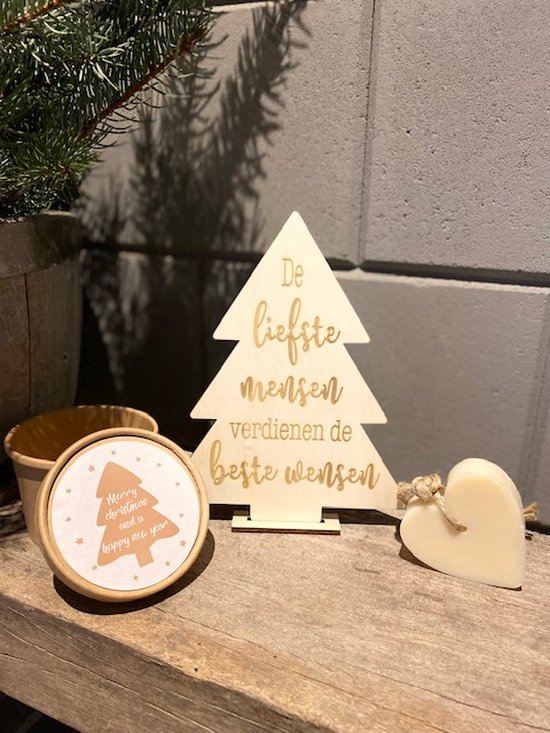 Creaties van Hier - kerstpakket - kerstboompje met zeepje - 20 cm – hout
