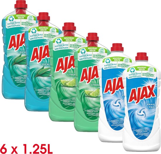 Ajax Allesreiniger Limoen 2 x 1.25L + Eucalyptus 2 x 1.25L + Fris 2 x 1.25L - Voordeelverpakking