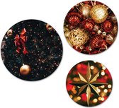 Forex Muurcirkel Set -  Set Kerstboom met kerstballen en kerstster - Set van 3 Wandcirkels met Ophangsystemen - 25x30x35