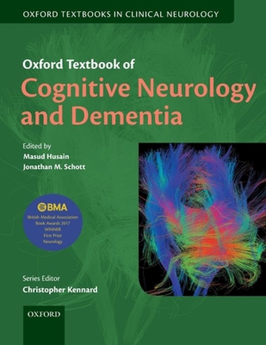 Oxford Textbook of Cognitive Neurology and Dementia, met een afbeelding van neurologische vezels in blauw, paars en oranje.