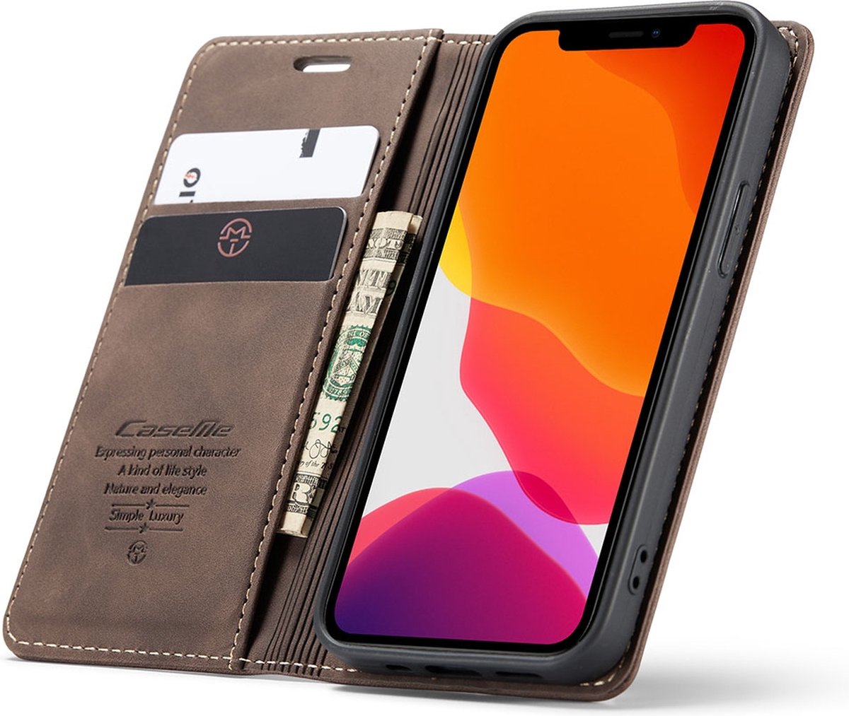 CaseMe - Slim Retro Wallet Case iPhone 12 / 12 Pro - Coffee
