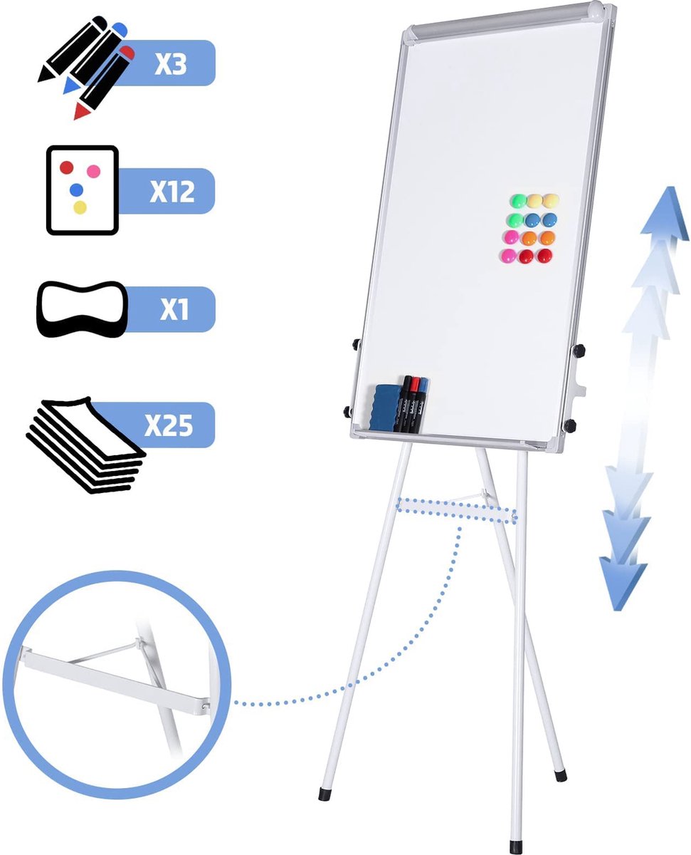 Jago® Flipchart met stervormige basis - in hoogte verstelbaar, 90x60cm, met standaard, pennenbakje, uitschuifbare zijarmen, markers, accessoires, oprolbaar - magnetisch whiteboard, presentatiebord