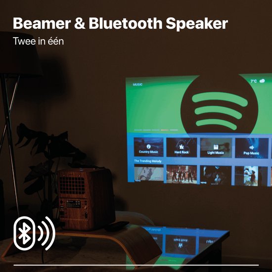 Knikker Mini Beamer Smartphone Wifi Bluetooth - Mini Projector Full HD 1080p met Android 9 - Walnut - Knikker