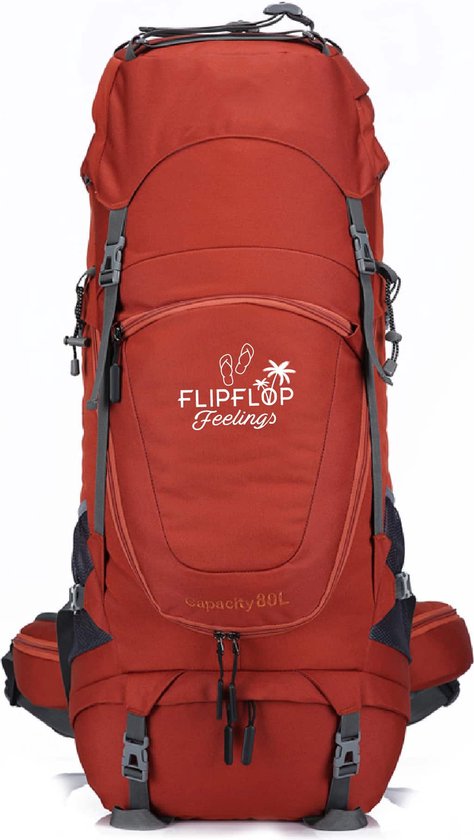 FlipFlop Feelings 70 Liter Backpack - Rood - Verstelbaar 60L tot 80L - Rits rondom - Opent als koffer - Gratis regenhoes