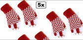 5x Paar vingerloze handschoen rood/wit geblokt - Carnaval Brabant thema feest festival
