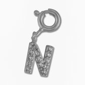 Silventi 9SIL-22014 Zilveren Letterhanger - Zirkonia - Letter - N - 7 x 5,8 mm - Veerring - Rhodium - Zilver