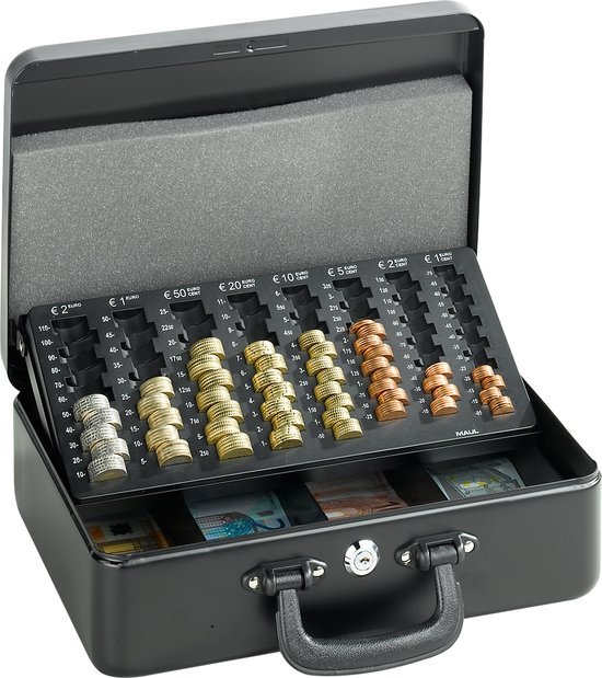 MAUL Geldkassette mit Münzzählbrett aus Stahl | 37 x 29 x 12 cm | Geldkassette abschließbar | Entnehmbares Scheinfach | Tragbare Kasse mit 2 Schlüsseln | Ideal als Registrierkasse | Schwarz