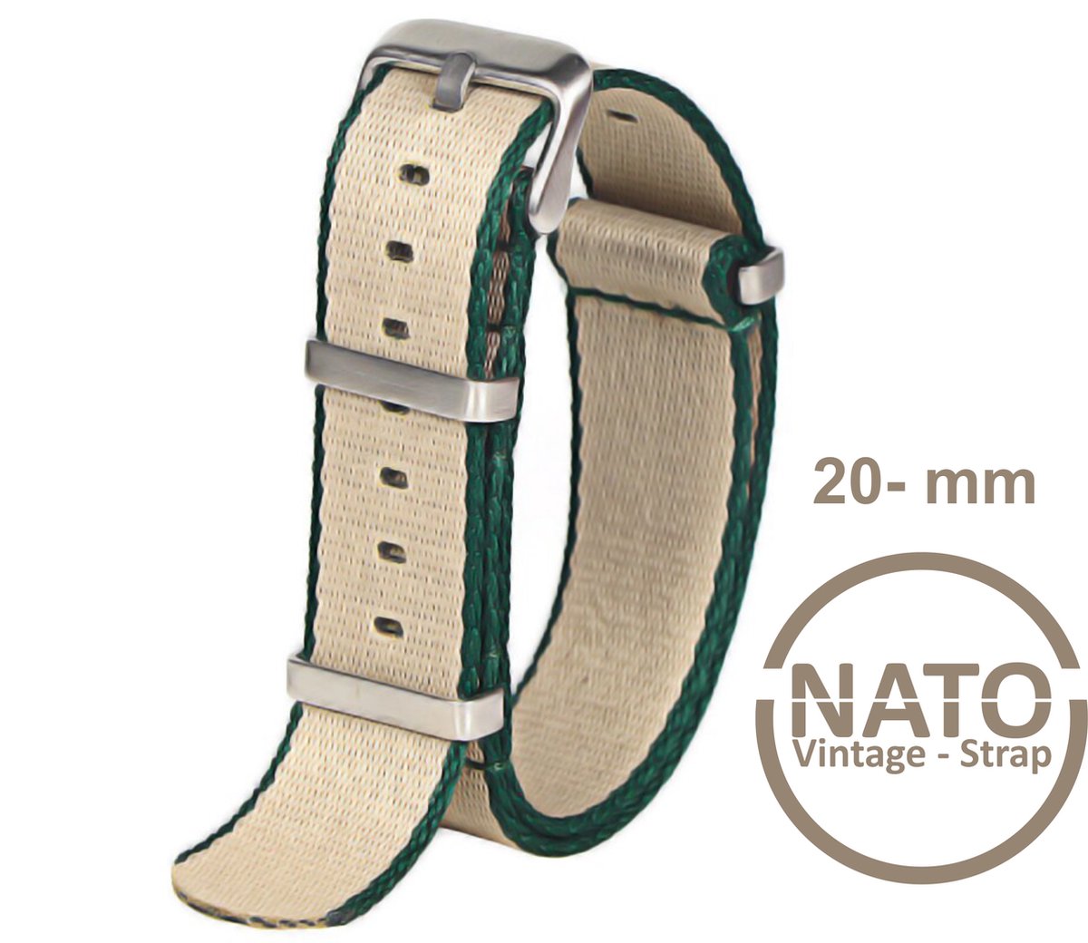 20mm Nato Strap GROEN CRÉME - Vintage James Bond - Nato Strap collectie - Mannen - Horlogeband - 20 mm bandbreedte