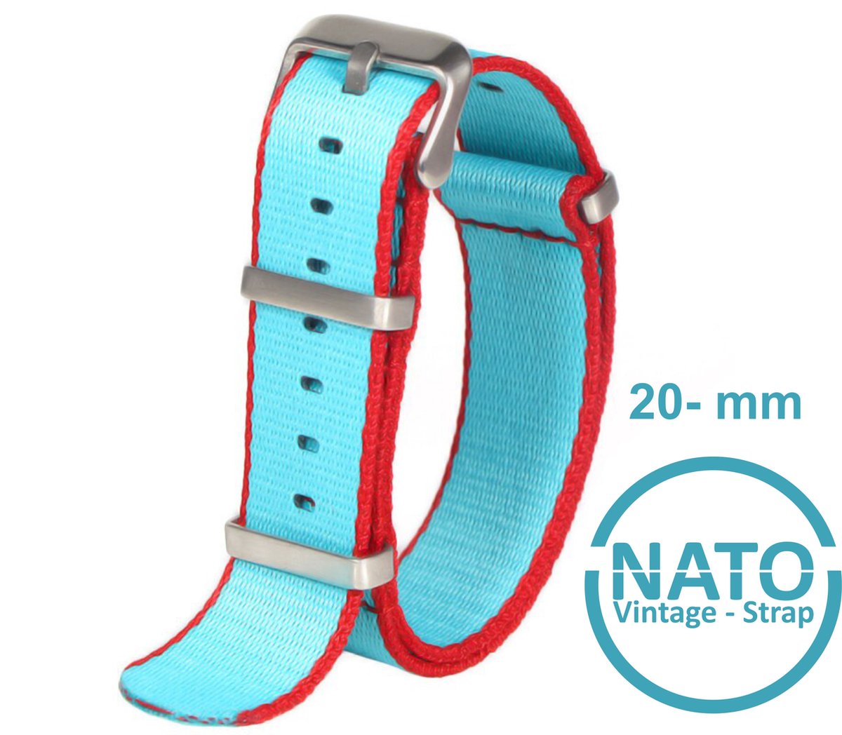 20mm Nato Strap Lichtblauw Rood - Vintage James Bond - Nato Strap collectie - Mannen - Horlogeband - 20 mm bandbreedte
