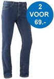 Blauwe stretch jeans voor heren, met opdruk '2 VOOR 69,-'.