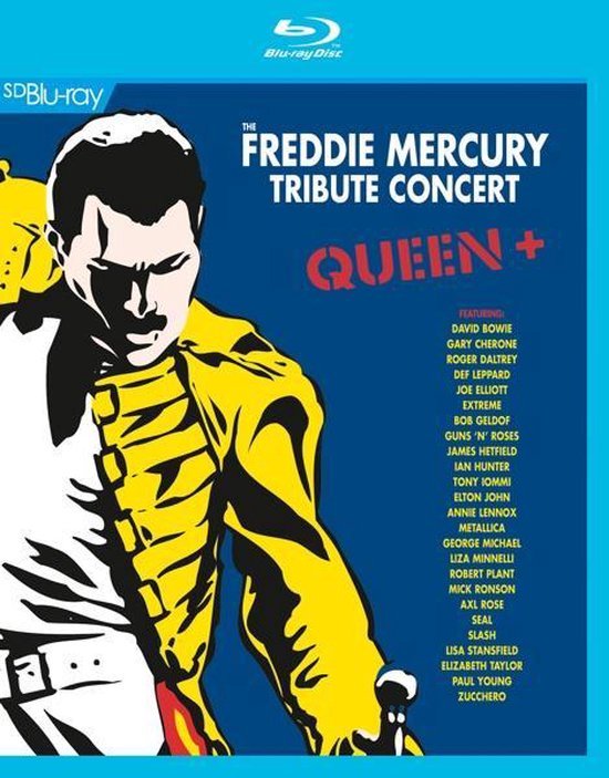 Voorzijde hoes van de Freddie Mercury Tribute Concert Blu-ray met een illustratie van Freddie Mercury en lijst met artiesten.