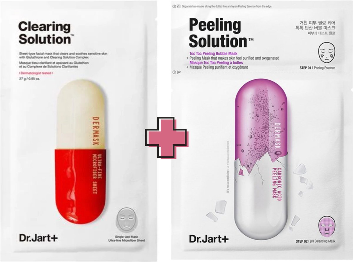 Dr. Jart+ Dr.Jart+ Clearing Solution (1) + Peeling Solution (1) Face Mask Combi Set Korean Skincare K Beauty Gezichtsmasker Set Huidverzorging Onrustige Onzuivere Huid Exfoliant Peeling Maskers