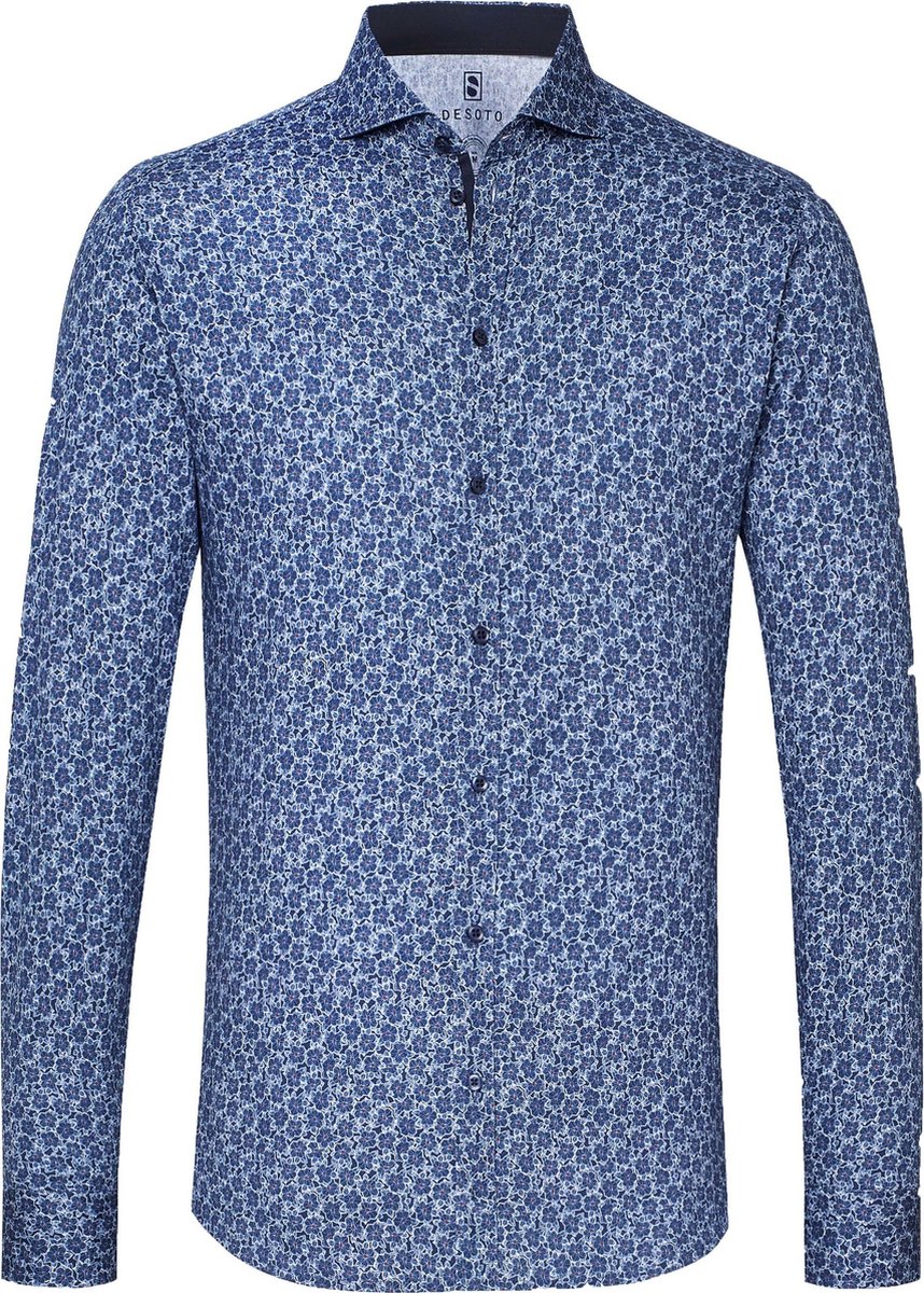 Desoto - Overhemd Strijkvrij Donkerblauw Bloemen - Maat S - Slim-fit