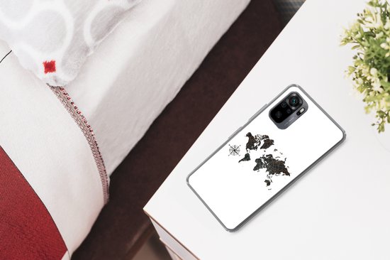 Coque Xiaomi Redmi Note 10 - Carte du Wereldkaart - Or - Zwart - Rose des Vents - Coque de Téléphone en Siliconen