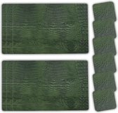 Coaster Queen - 6 Placemats en 6 Onderzetters - Leer - Croco Groen - Rechthoek