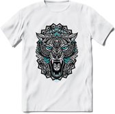 Wolf - Dieren Mandala T-Shirt | Lichtblauw | Grappig Verjaardag Zentangle Dierenkop Cadeau Shirt | Dames - Heren - Unisex | Wildlife Tshirt Kleding Kado | - Wit - XXL