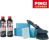 Pingi Car Care Autowasset, Reinigingsborstel met slangaansluiting, Mega Sponsset en 2 flessen autoshampoo [voordeelset]