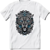 Wolf - Dieren Mandala T-Shirt | Blauw | Grappig Verjaardag Zentangle Dierenkop Cadeau Shirt | Dames - Heren - Unisex | Wildlife Tshirt Kleding Kado | - Wit - XL