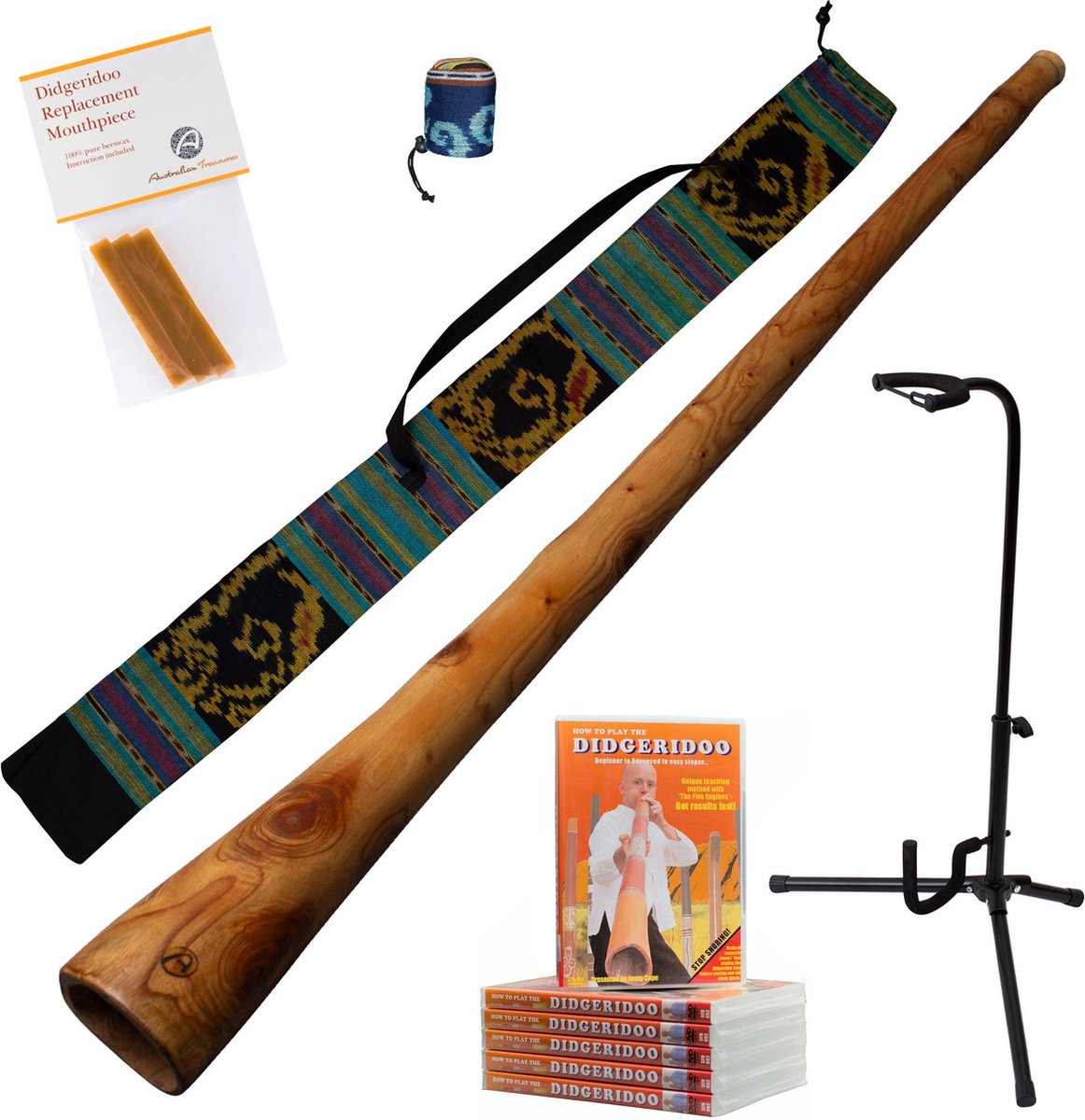 Didgeridoo Mahonie PRO-series 147cm inclusief ikat bag, DVD, bijenwas, beschermcover mondstuk, didgeridoostandaard