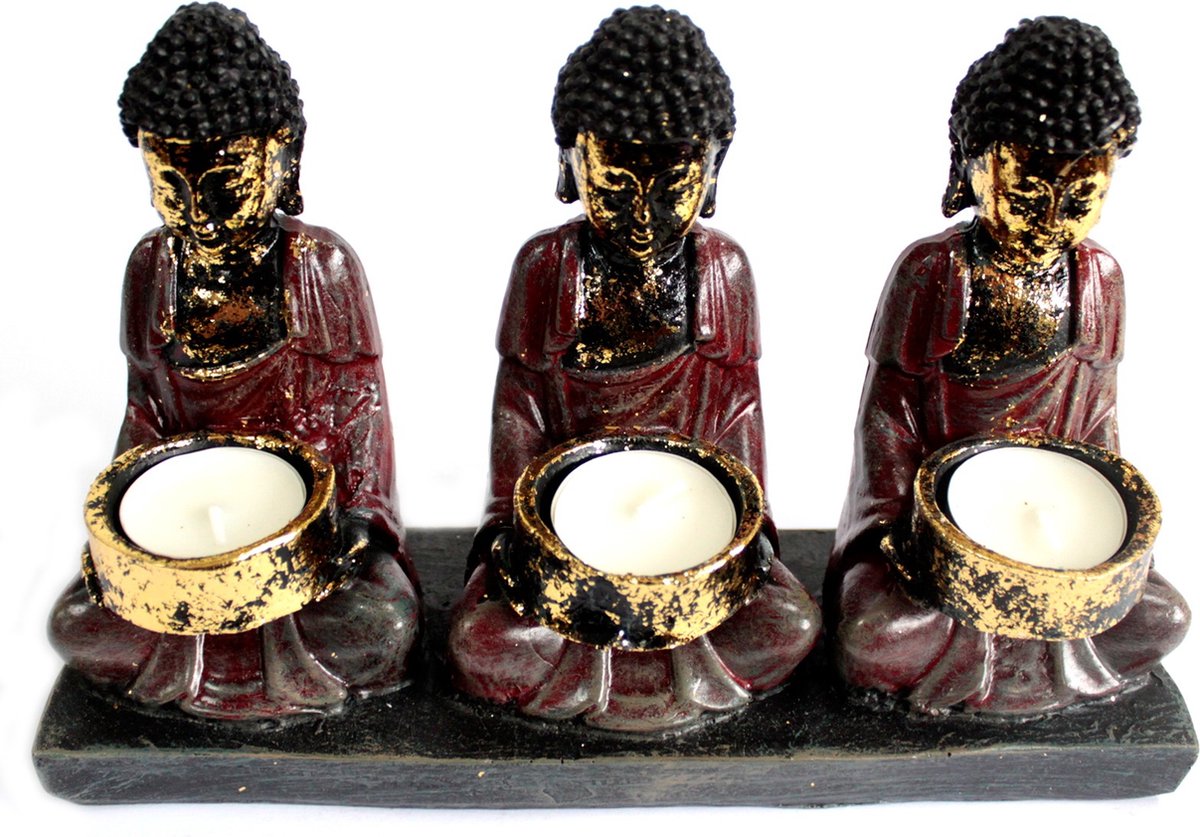 Ancient Wisdom Waxinelichthouder Antieke Boeddha - Kandelaar - Drie Toegewijde - 8x14.5x16cm Rood, Zwart, Goud