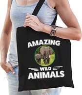 Katoenen tasje olifant - zwart - volwassen + kind - amazing wild animals - boodschappentas/ gymtas/ sporttas - olifanten fan