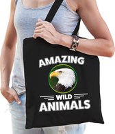Katoenen tasje zeearend - zwart - volwassen + kind - amazing wild animals - boodschappentas/ gymtas/ sporttas - arend roofvogels fan