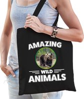 Katoenen tasje beer - zwart - volwassen + kind - amazing wild animals - boodschappentas/ gymtas/ sporttas - beren fan