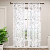 furnibella  VH6056gr-2,2 Transparante Bloemenborduurgordijnen met krulband in linnenlook,Doorschijnend gordijn 140x225cm decoratief voor woonkamer,Grijs