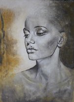 Schilderij- Wandkleed Vrouw Meisje  Schilderij "Purity" 140X200cm Grijs Zwart Oker Handgeschilderd Acrylverf