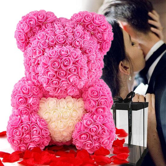 Teddy Beer - Rozen| Roos | Bloemen |Valentijn | Valentijnsdag | Valentijn cadeau |Liefde | Verkering |Roze met Wit | 40CM | Babyshower | Baby | Geboorte | Meisje | Inclusief Giftbox