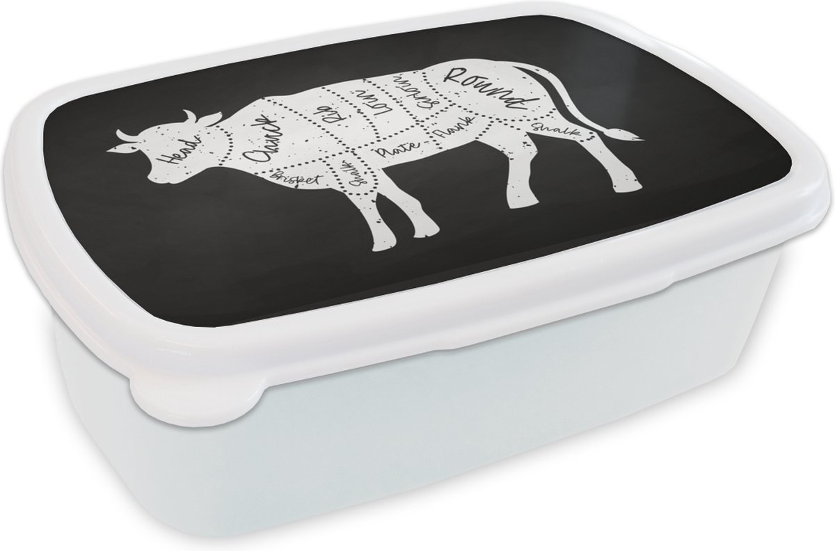 Broodtrommel Wit - Lunchbox - Brooddoos - Koe - Keuken - Vlees - 18x12x6 cm - Volwassenen